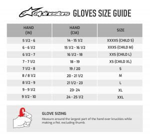 Alpinestars Kart Gloves size guide